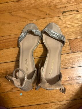 Cityclassified Beige Open-Toe Heels with Silver Crystal Straps